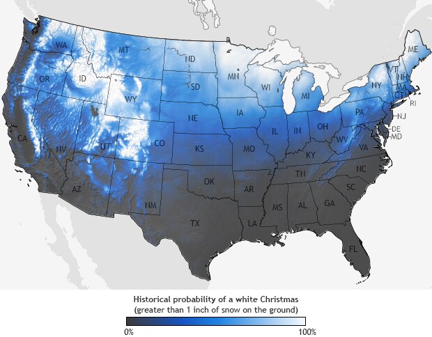 NOAA historic probability of a white Christmas map