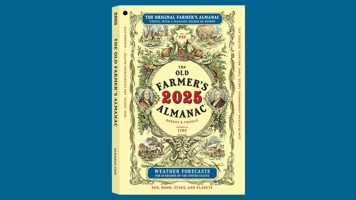 2025 Old Farmer's Almanac on a blue background