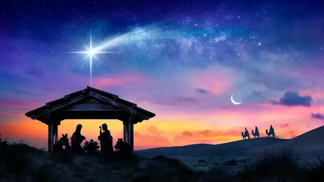 Nativity Of Jesus - Scene With The Holy Family With Comet At Sunrise. Christmas star of the Nativity of Bethlehem, Nativity of Jesus Christ. Background of the beautiful dark blue starry sky and bright star. Christmas Star. 