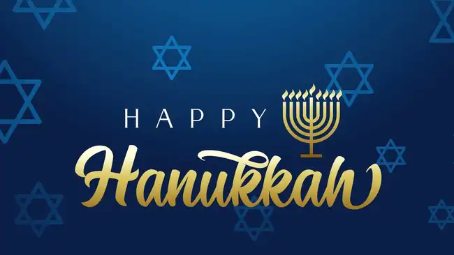 Happy Hanukkah banner, template for your design. Hanukkah is a Jewish holiday. Greeting Card with Menorah, Sufganiyot, Dreidel. Vector illustration. Happy Hanukkah lettering background with menorah and David stars. Vector illustration