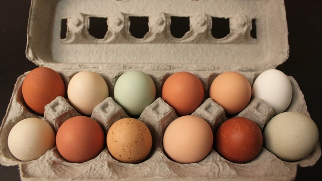 An open carton of a dozen multi-colored eggs